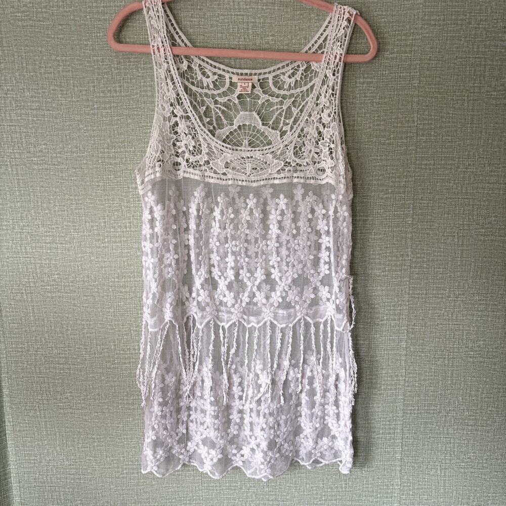 Sundance Romantic Crochet Lace Tunic Longline Sheer Mesh Tank Top Fringe Sz L